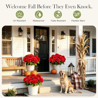 8 Bundles Artificial Geraniums, UV Resistant, Red - color: Red