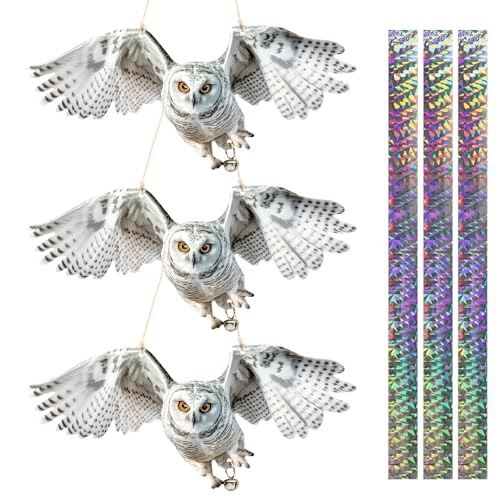 Flat Plastic Owl Scarer Hanging Device, 3 Pack Dual-Side Printed Owl with Reflective Tape and Bell for Garden Patio Farm Yard Window Porch, Outdoor Pigeon Woodpecker Scare Decoration, Not 3D - color: 3pcs-white-01