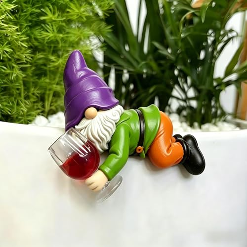 Cute Climbing Animal Flower Pot Huggers, Animal Figurines Plant Decorations for Pots, Resin Flower Pot Decorations, Fairy Garden Accessories, Fish Tank Planter Edge Craft Decor (Wine Gnome) - color: Wine Gnome