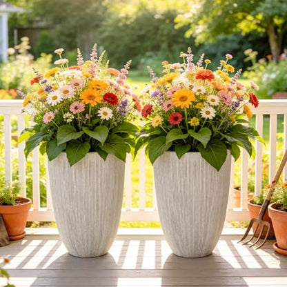 19" Mediterranean Beige Resin Tall Planters with Fluted Texture - color: 19"h-beige Fluted