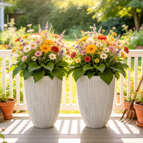 19" Mediterranean Beige Resin Tall Planters with Fluted Texture - color: 19"h-mediterranean Beige
