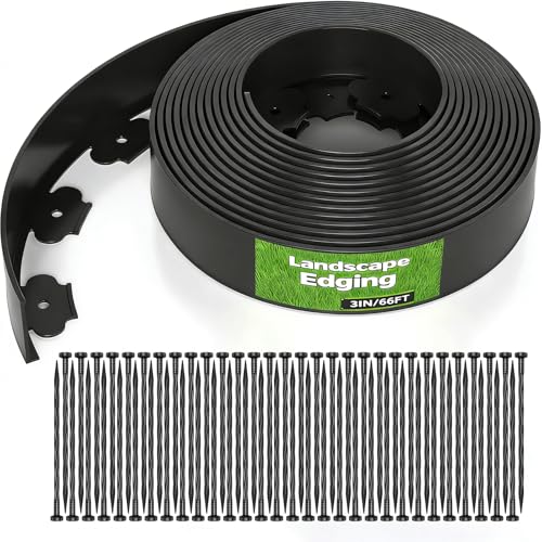 66 FT Landscape Edging Kit with 60 Spikes - 3 Inch High Flexible Plastic Garden Border - No-Dig Lawn Edging for Flower Beds, Pathways, and Yards - Durable Black Landscape Border(3in x 66FT) - size: 3in x 66FT