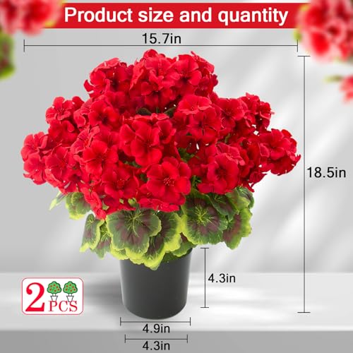 lovemoon 2 Pcs Geranium Potted Artificial Flowers, Red, 19" - color: Red