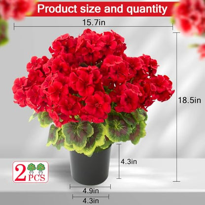 lovemoon 2 Pcs Geranium Potted Artificial Flowers, Red, 19" - color: Red
