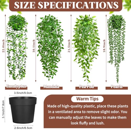 4 Pack UV Resistant Artificial Hanging Plants Faux Greenery with Pots