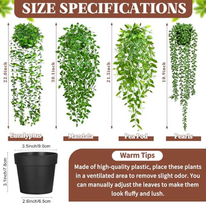 4 Pack UV Resistant Artificial Hanging Plants Faux Greenery with Pots