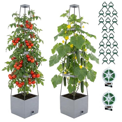 Tomato Planter with Trellis 57", 2-Pack Self Watering Raised Garden Bed with Trellis, Tomato Cages for Garden, Tomato Pots for Growing Tomatoes, Vegetable Planter, Tomato Plant Support Cage