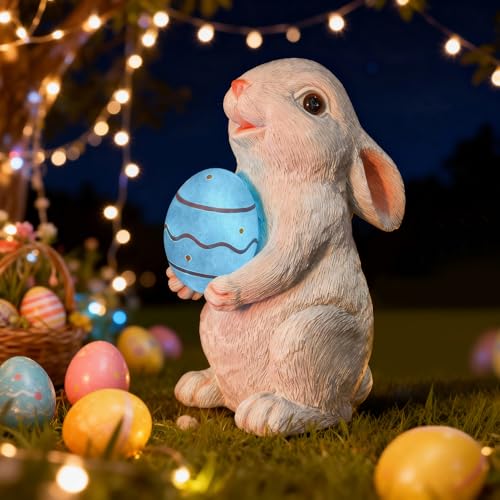 Solar Easter Rabbit Garden Statues Outdoor Easter Decorations Resin Bunny Figurine with Egg Changing LED Lights for Porch Patio Lawn Yard Gardening Gifts for Mom Grandma - color: Rabbit Holding Egg