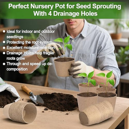 Peat Pots, 60 Pack Plant Starter Round Nursery Pot with Drainage Holes, Garden Germination Seedling Pots with 30 Plant Labels (4 Inch) - size: 4 Inch