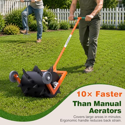 Heavy-Duty Push Lawn Aerator Roller with Steel Spikes for Compacted Soil - color: White
