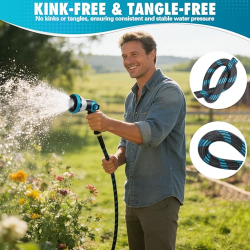 25 FTGarden Hose, Non-Expandable Flexible Fabric Water Hose with 10-Function Spray Nozzle, Kink-Free & Lightweight Yard Hose with 3/4" Solid Brass Connectors for Lawn, Outdoor, RV & Marine Use - size: 25FT