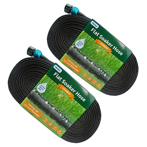 Hlinker Flat Soaker Hose 75 150 FT for Garden Beds, 150FT 1/2" Linkable Consistent Drip Irrigation Hose Save 80% Water, Leakproof Heavy Duty Double Layer Sprinkler Hose - size: 150FT (75'X2)