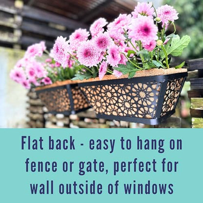 LaLaGreen Window Planter Boxes for Outdoor Plants (12 Inch, 2 Pack,) Small and Cute Black Metal Fence Hanging Planters Flower Basket Pot with Coco Liner Trendy Horse Troughs Balcony Patio Porch Rail - size: 12" (30cm) x 2 pack