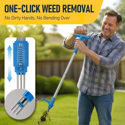 PASAMIC Stand Up Weed Puller Tool with Long Handle, 40In Weeding Tool with 3-Claw Steel Tip & Ejector Button, Royal Blue