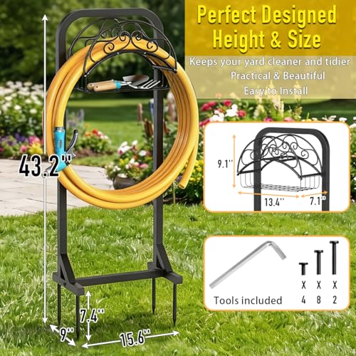 Garden Hose Holder, 160 ft, Storage Basket, Triangular Base, Black