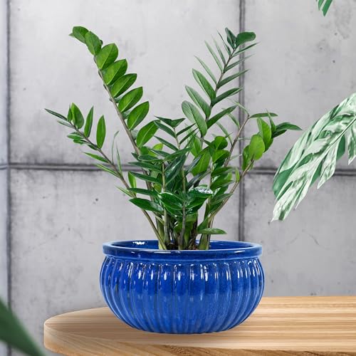 Sunnydaze 14.5" Round Ribbed Ceramic Planter Bowl, Imperial Blue