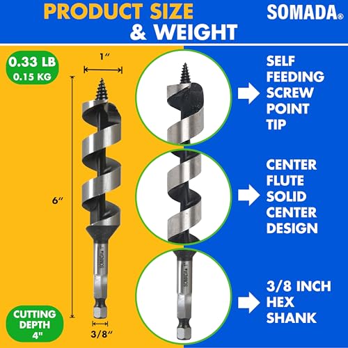 SOMADA 1" x 6" Auger Drill Bit for Wood, Ship Auger Hex Shank - size: 1"x6" Silver