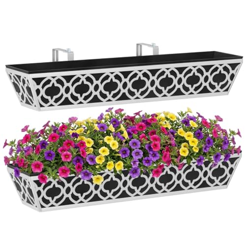 Y&M 30'' Metal Railing Planter Box Set with Black Non-Woven Fabric Liner, Flower Boxes with Adjustable Brackets, 2 Pcs Large Hanging Window Boxes for Fence, Deck, Balcony, and Garden - Gray - size: Flower 30in 2P-Gray