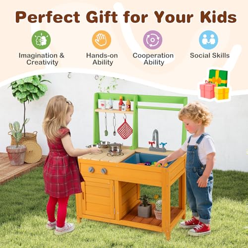 Costzon Mud Kitchen for Kids Outdoor, Wooden Play Kitchen w/Stoves, Removable Sink, Faucet, Oven, Cooking Accessories, Storage Shelves, Montessori Pretend Kitchen Playset for Girls&Boys 3+ Years Old - style: with Storage Shelf
