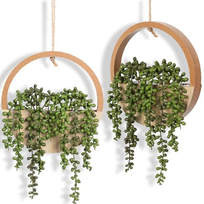 2 Pack Fake Plants Artificial Wall Hanging Succulents Plant - color: Wood Color, size: 2 Pcs