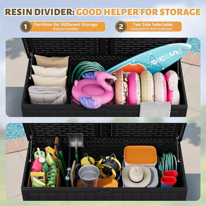 Flamaker Resin Deck Box 270 Gallon, XXL Waterproof Storage Box with Divider - color: Black, size: 270 Gallon