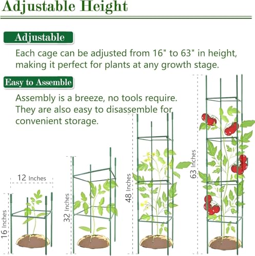 3 Pack 12" Up to 48" Adjustable Square Tomato Cage, Trellis Plant Support - size: 12" x 48"