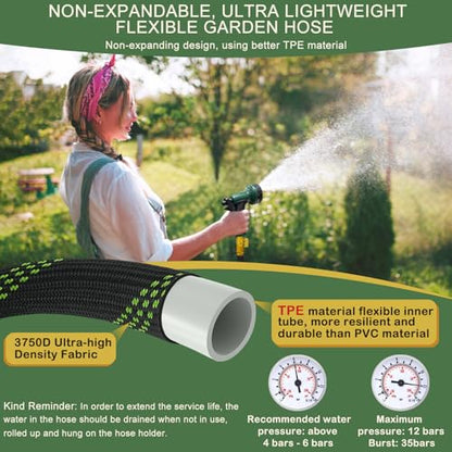 Garden Hose 100 ft, Non-Expandable Flexible Water Hose with 10 Function Spray Nozzle, Lightweight, Leak Proof, Kink-Free, Portable Hose for Outdoor, Yard, Lawn, High-Density Fabric, Black Green