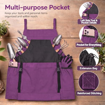 Gardening Apron with Pockets, Heavy Duty Canvas Harvest Apron - color: Purple
