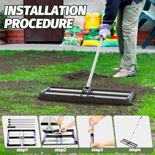 Updated Lawn Leveling Rake 30"x10", Lawn Leveler with Aluminum Rollers - size: 30''x10'' With Roller (Black)