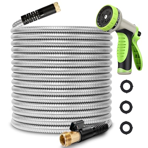 75FT Metal Garden Hose 304 Stainless Steel Flexible Water Hose - No Kink & Tangle Heavy Duty Pipe with Nozzle, Durable 3/4 Brass Fittings and Valve - Rust Proof Puncture Proof for Yard Lawn - size: 75FT