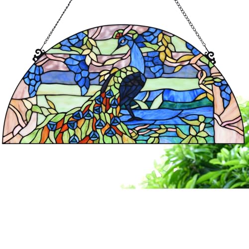 Bieye W10093 Blue Peacock Tiffany Style Stained Glass Window Panel - size: 24Wx12H Half-round