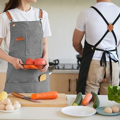 Aoomzoon Canvas Aprons for Men Women, Heavy Duty BBQ Apron with Pockets - color: Gray