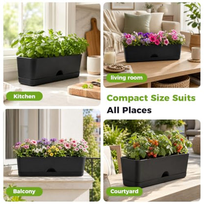 6 Pack Rectangle Planter 16x4.4 Inch Window Boxes Planters Rectangular Window Sill Planters Indoor Self Watering Plant Pots with Drainage Holes and Saucers Succulent Herb Flower Pots, Black - color: Black