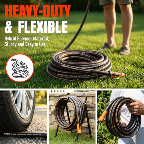 Garden Hose 25 ft x 5/8", Heavy Duty Water Hose, Flexible and Durable, Kink Resistant Lightweight Hybrid Hose, Leakproof Yard Hose with Male to Female Fittings - color: Black, size: 25ft