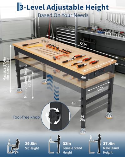 72 Inch Adjustable Workbench, 2500 LB Load Capacity - size: 72x24 + Legs