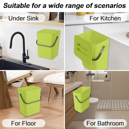 Compost Bin Kitchen, for use on Countertops or Under Sinks, Hanging Trash Can with Lid, for Cupboard/Bathroom/Bedroom/Office/Camping, Mountable Indoor Compost Bucket(Green 1.3 Gallon/5L)
