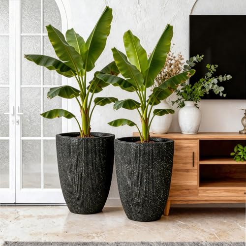 19" Black Concrete-Look Resin Tall Planters with Fluted Texture - color: 19"h-mediterranean Black