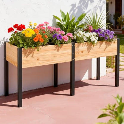 SUNYRISY Dual Wooden Raised Garden Bed Outdoor with Metal Legs