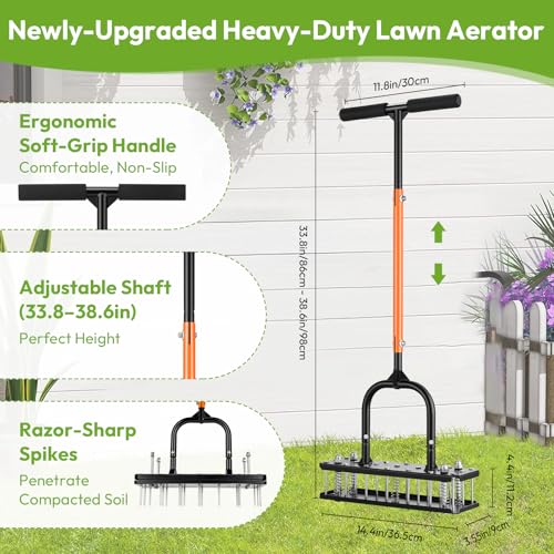 Manual Lawn Aerator, All Metal 21 Tines, Self-Clean - size: S
