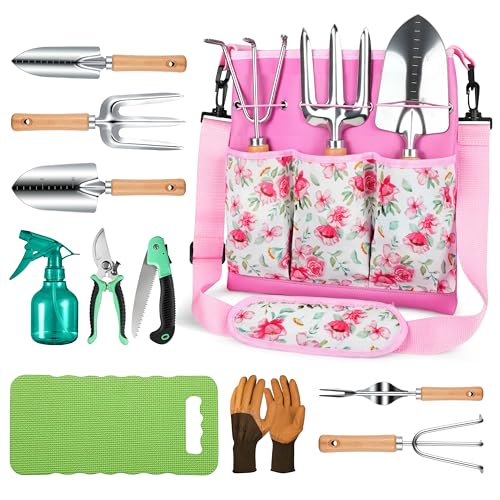 Grenebo Gardening Tools Set, 11-Piece Rust-Proof Kit with Bag, Pink - color: Pink