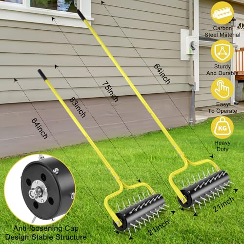 21" Rolling Lawn Aerator, 45 Preassembled Spikes, Only Needs 3-5 Minutes to Assemble, No Looseness, Good Package, 75" Long Handle with Quick Clip Connections, U-Shape Construction - Yellow. - size: Yellow