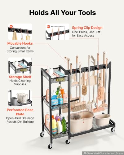 VEVOR Broom Holder with Cleaning Supplies Organizer, Garage Storage Metal - size: Medium