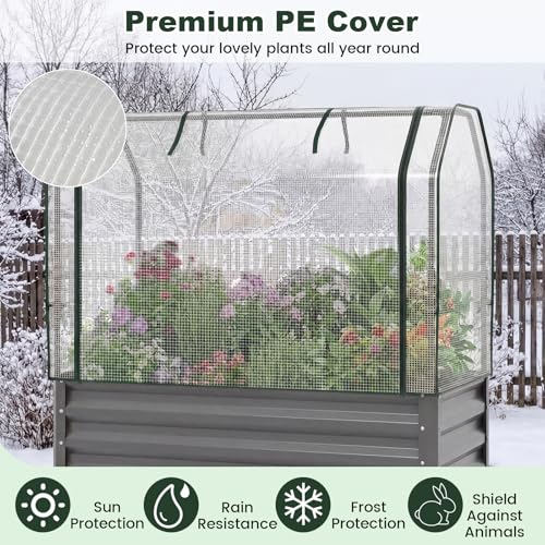 Giantex Raised Garden Bed with Legs & Greenhouse Cover, 44x20x60 Elevated Metal Planter Box with Roll-up Door, Outdoor Mini Greenhouse for Vegetable Flower Herb Patio Balcony (Gray,1) - color: Gray