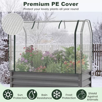 Giantex Raised Garden Bed with Legs & Greenhouse Cover, 44x20x60 Elevated Metal Planter Box with Roll-up Door, Outdoor Mini Greenhouse for Vegetable Flower Herb Patio Balcony (Gray,1) - color: Gray