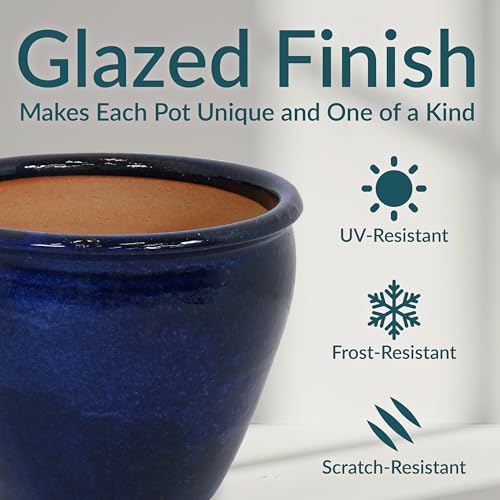 Sunnydaze Chalet 14.5" Ceramic Plant Pot, Imperial Blue Glaze