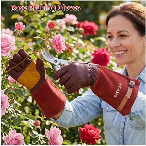 Cow Leather Adjustable Thorn Proof Gardening Gloves - color: Brown, size: Small