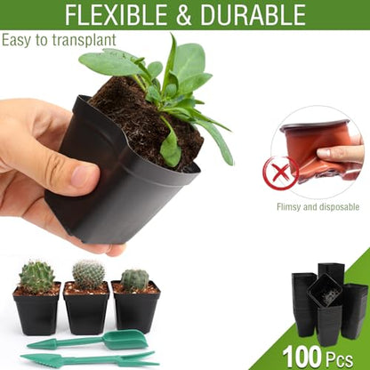 100 Pcs 2.6" Square Nursery Pots for Seeds - Thickened Reusable Plastic Seedling Pots with 60 Plant Labels & Tools - Seed Starter Pots with Drainage for Succulents, Flowers, Cuttings & Greenhouse
