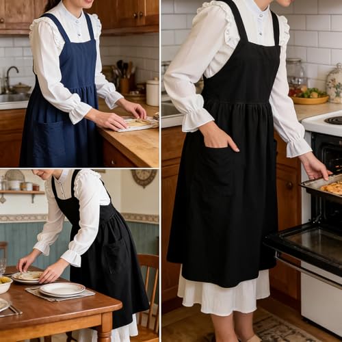 Cotton Linen Apron Cross Back Apron for Women with Pockets Pinafore Dress - color: 2 Pack-black+navy
