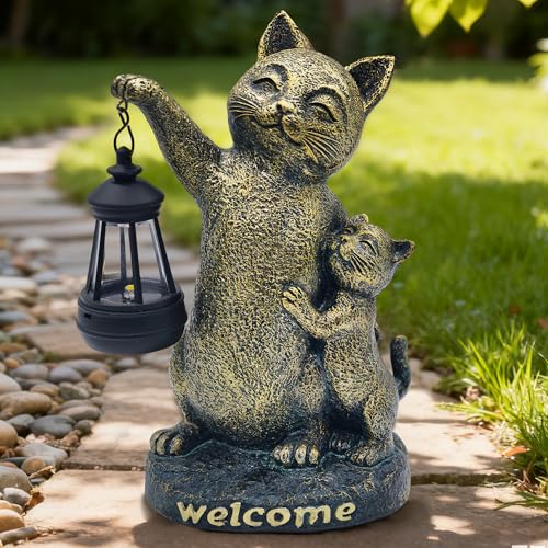 Cat Garden Statue Outdoor Decor - Solar Cat Garden Statue,Cats Figurine Ornaments,Waterproof Outdoor Sculptures for Yard Lawn Backyard Patio Balcony Home Decorations,Unique Cats Gifts for Women - color: Gold Cat Statue