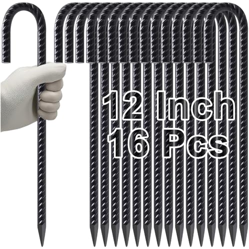VVOKGO Rebar Stakes 12 Inch J Hook Heavy Duty Tent Stakes for Wire Fencing - color: J-12 Inch-Φ5/16"-Black, size: J-12 Inch-16 Pcs